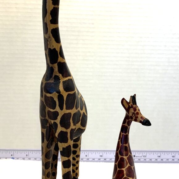 Hand Carved & Painted Wooden Giraffe Statues 12" Tall & 6” Tall Made in Kenya - Picture 2 of 8